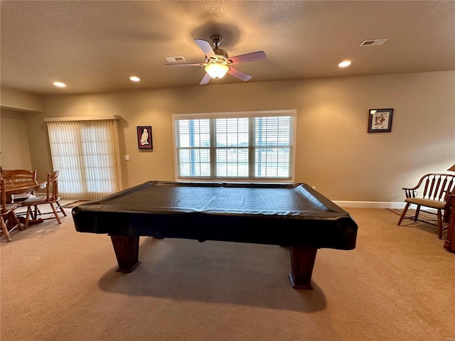 playroom featuring pool table, carpet floors, a textured ceiling, and ceiling fan