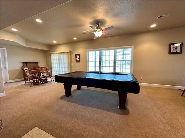 rec room with ceiling fan, carpet, pool table, and a textured ceiling