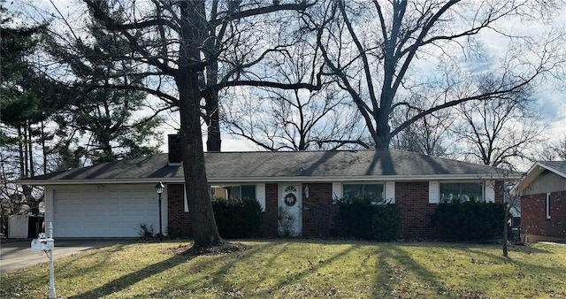 ranch-style house featuring driveway, brick siding, a chimney, an attached garage, and a front yard