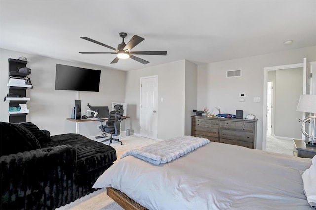 carpeted bedroom featuring ceiling fan