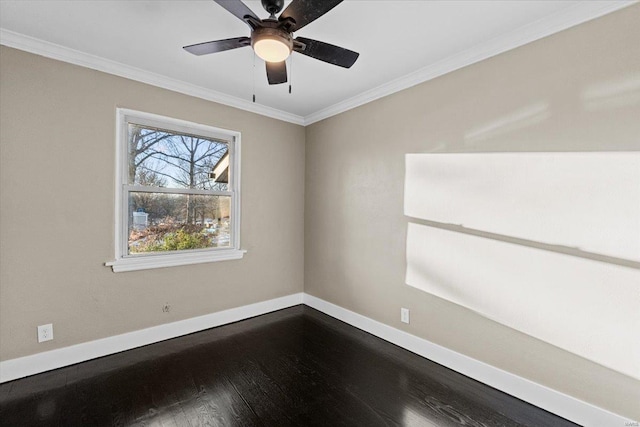 unfurnished room with ceiling fan, ornamental molding, and hardwood / wood-style floors