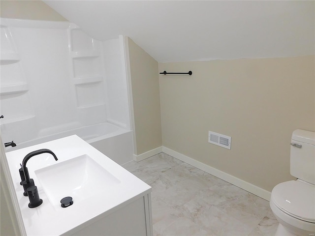 full bathroom featuring marble finish floor, visible vents, toilet, a sink, and baseboards