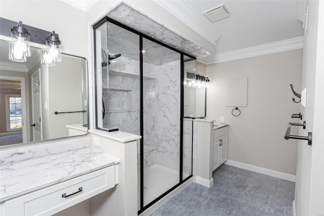 bathroom with vanity, a shower with door, and ornamental molding