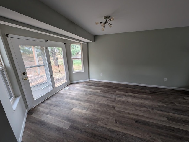 empty room featuring vaulted ceiling, a wealth of natural light, and dark hardwood / wood-style flooring