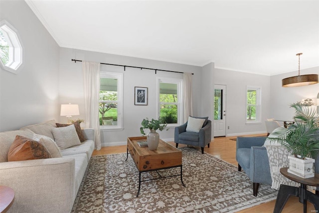 living room featuring crown molding, light wood finished floors, and a wealth of natural light