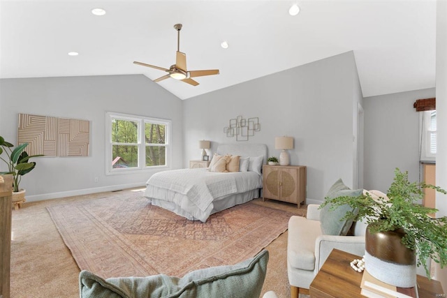 bedroom with light colored carpet, a ceiling fan, baseboards, recessed lighting, and lofted ceiling