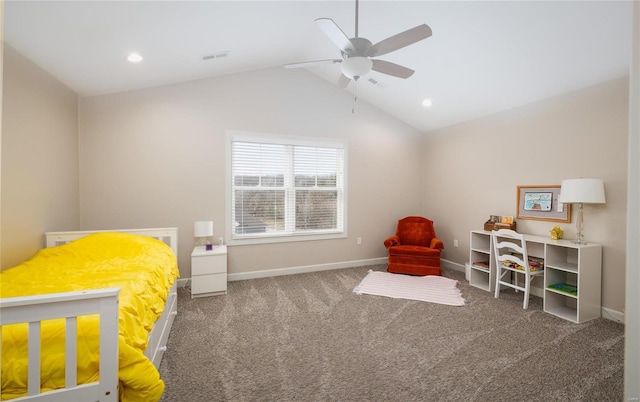 carpeted bedroom featuring ceiling fan and vaulted ceiling