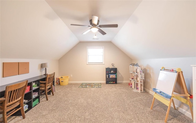 recreation room with ceiling fan, carpet, and lofted ceiling