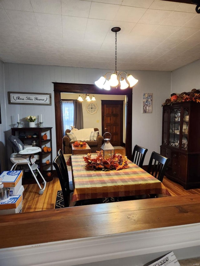 dining room with wood walls and hardwood / wood-style floors