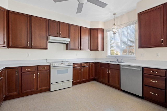 kitchen with light countertops, white electric range, stainless steel dishwasher, under cabinet range hood, and a sink