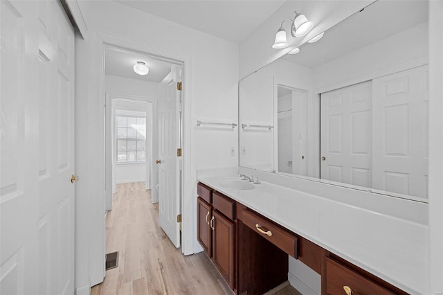 bathroom with wood finished floors, vanity, and visible vents