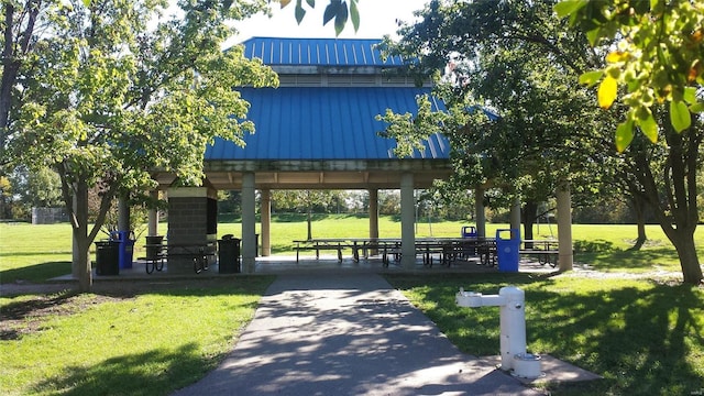 view of community featuring a gazebo and a lawn