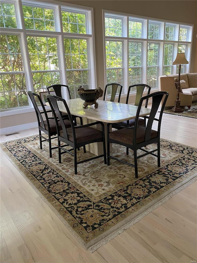 dining space featuring a healthy amount of sunlight and light hardwood / wood-style floors