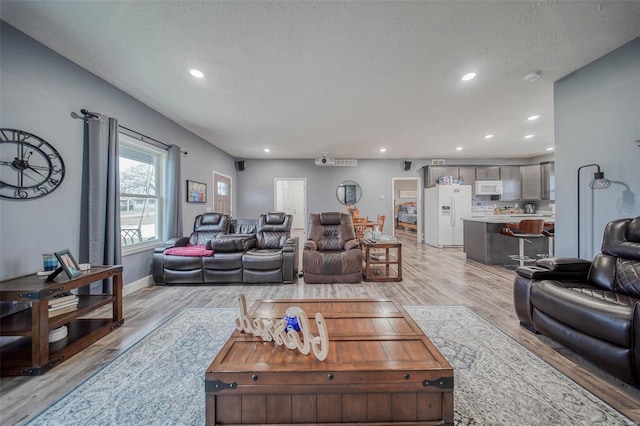 living room featuring a textured ceiling and light hardwood / wood-style flooring