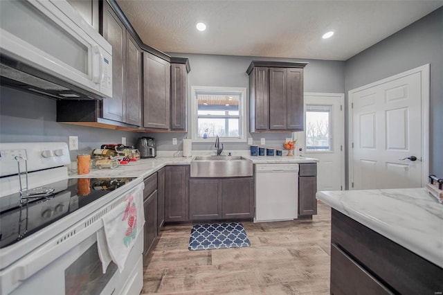 kitchen featuring sink, light hardwood / wood-style floors, light stone countertops, dark brown cabinets, and white appliances