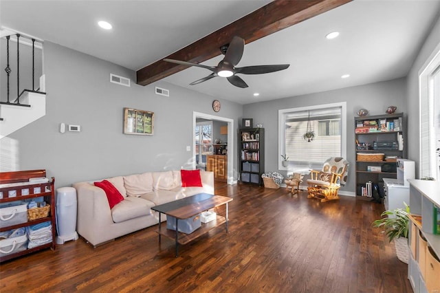 living room with beamed ceiling, dark wood-type flooring, and ceiling fan