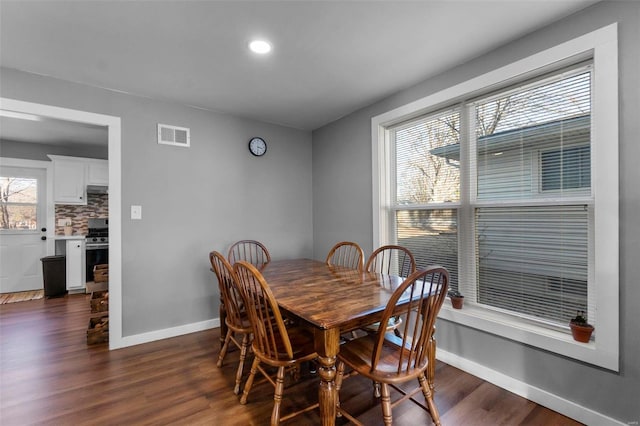 dining room with dark wood-type flooring and plenty of natural light