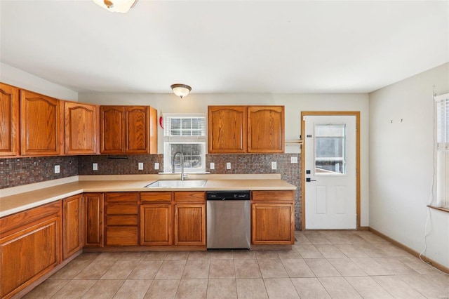 kitchen with sink, decorative backsplash, stainless steel dishwasher, and light tile patterned floors