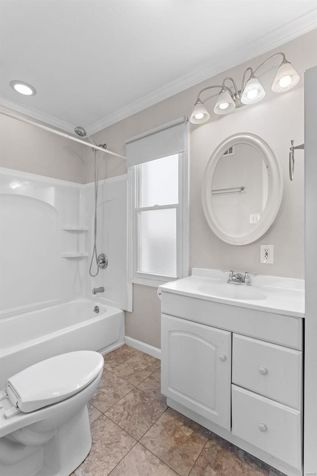 full bathroom featuring shower / bath combination, crown molding, vanity, and toilet