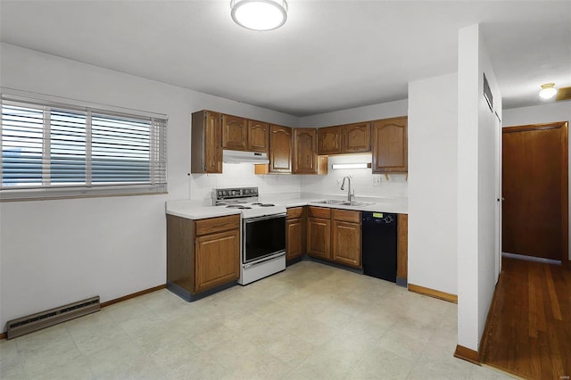 kitchen with sink, white range with electric stovetop, black dishwasher, and decorative backsplash