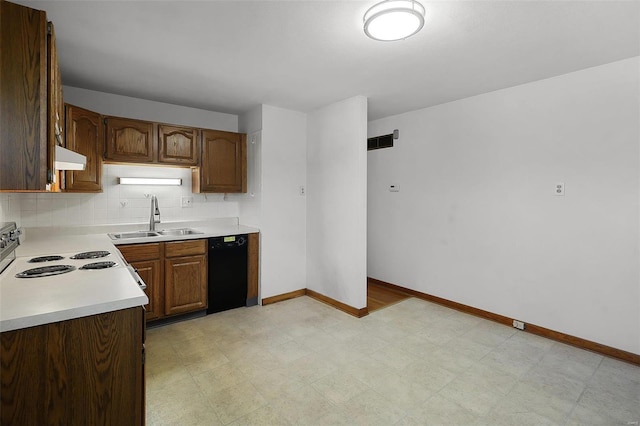 kitchen featuring dishwasher, sink, extractor fan, range with electric cooktop, and decorative backsplash