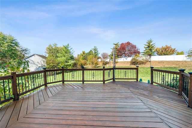 wooden terrace featuring a yard