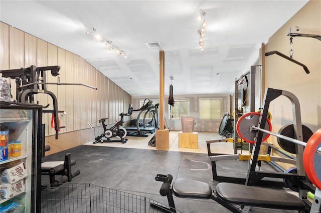 workout room featuring lofted ceiling and wood walls