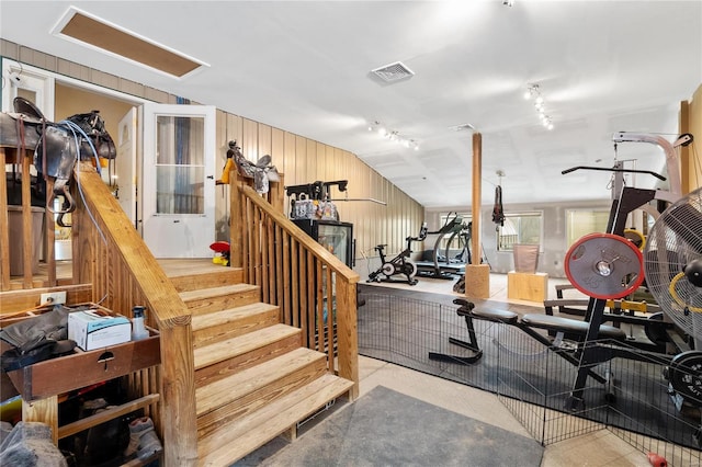 interior space with vaulted ceiling and wooden walls