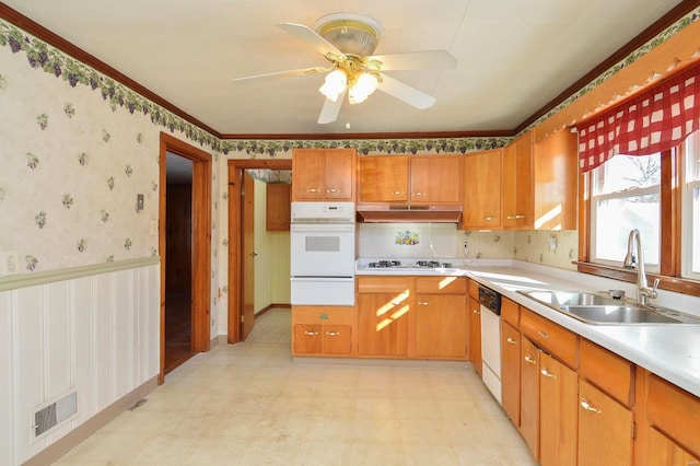 kitchen with ceiling fan, sink, white appliances, and crown molding