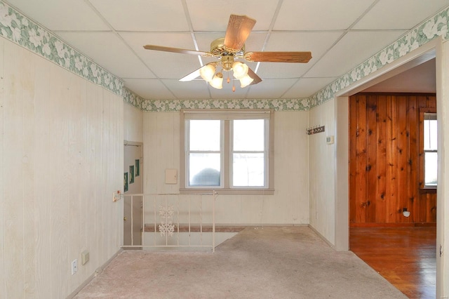 carpeted spare room with ceiling fan and a paneled ceiling