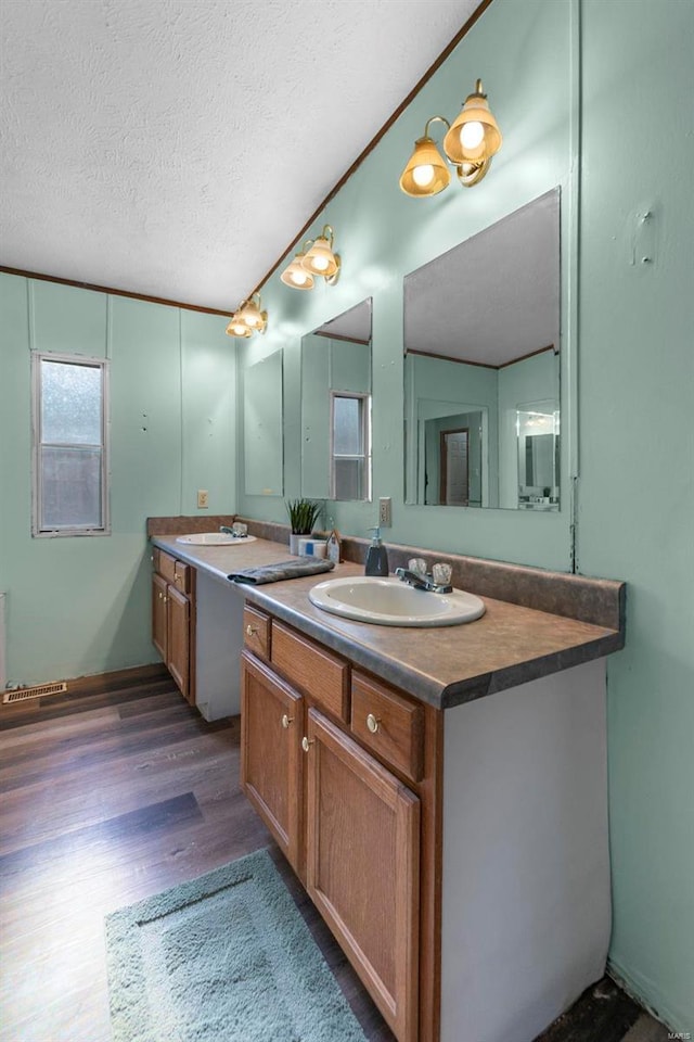 bathroom with vanity, hardwood / wood-style flooring, and a textured ceiling