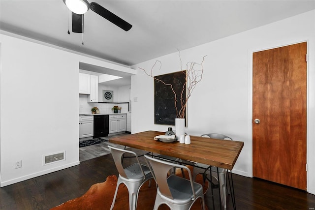 dining room featuring dark hardwood / wood-style floors and ceiling fan