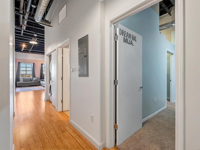 hallway with electric panel, a high ceiling, and light wood-type flooring