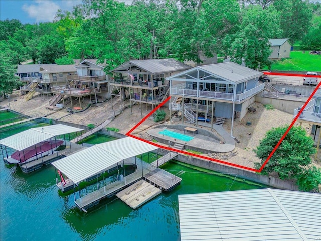 aerial view featuring a water view