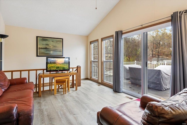 living room with vaulted ceiling and light wood-type flooring