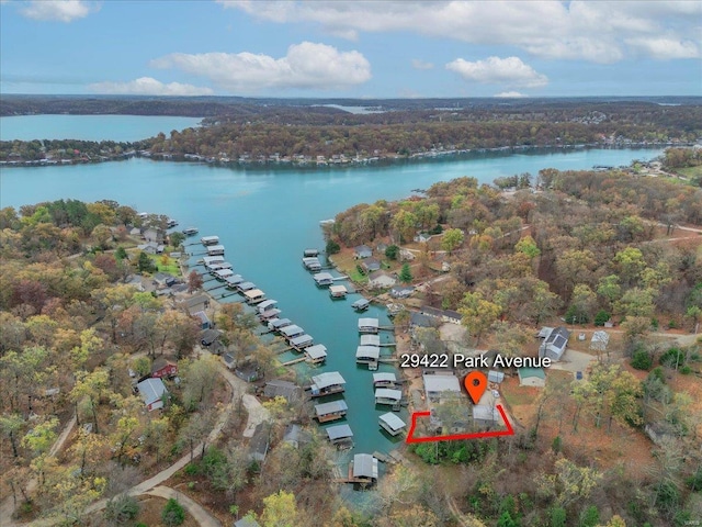 birds eye view of property featuring a water view