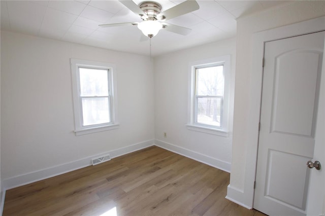 unfurnished room featuring light wood-type flooring, ceiling fan, and a healthy amount of sunlight