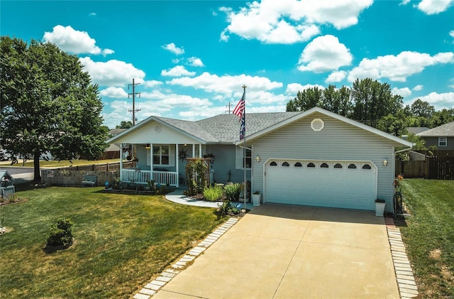 ranch-style house with a porch, a garage, and a front lawn