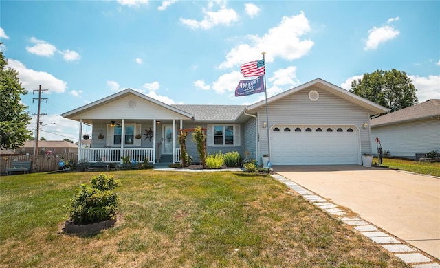 single story home featuring a front yard, a porch, and a garage