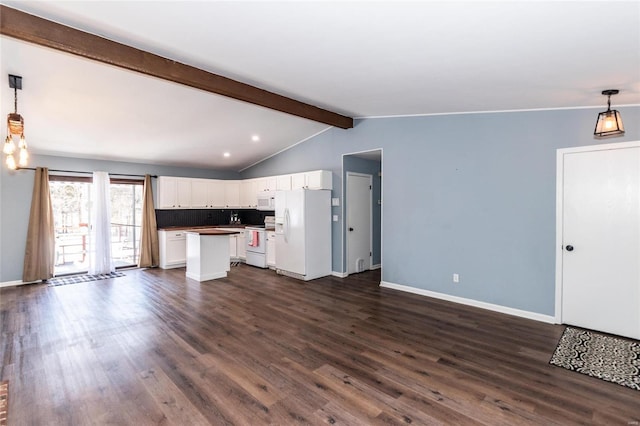 kitchen featuring white appliances, white cabinets, vaulted ceiling with beams, pendant lighting, and dark hardwood / wood-style floors