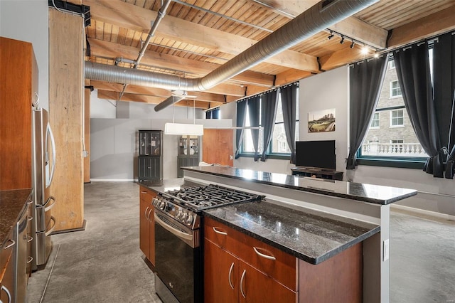 kitchen with beam ceiling, dark stone counters, wood ceiling, a center island, and stainless steel appliances