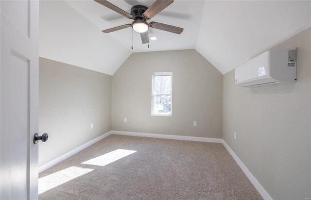 bonus room with baseboards, light colored carpet, lofted ceiling, ceiling fan, and an AC wall unit