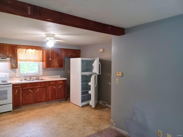 kitchen featuring sink, white electric stove, and ceiling fan