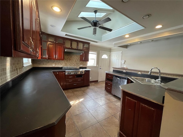 kitchen featuring stainless steel appliances, tasteful backsplash, sink, ceiling fan, and a tray ceiling