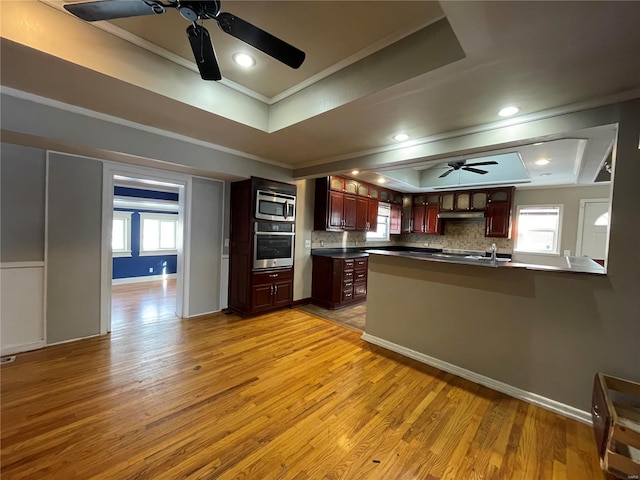 kitchen with light hardwood / wood-style floors, appliances with stainless steel finishes, decorative backsplash, and a raised ceiling