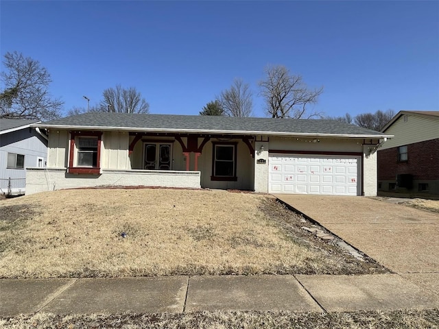 ranch-style house with concrete driveway, brick siding, an attached garage, and roof with shingles