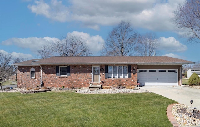 ranch-style home with a garage and a front lawn