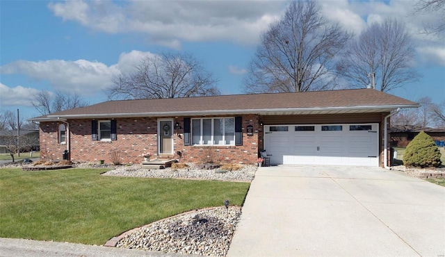 ranch-style house with a garage and a front lawn