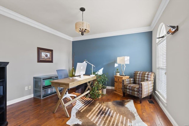 office space featuring ornamental molding and dark hardwood / wood-style flooring