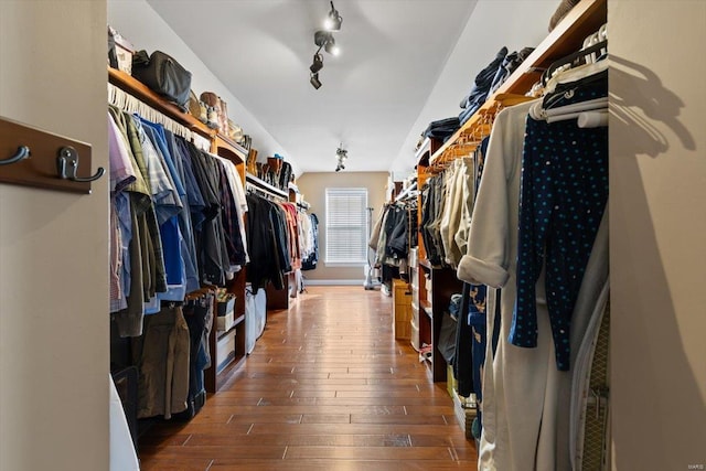 spacious closet with dark wood-type flooring